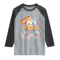 Just A Girl Who Loves Squishies Raglan Shirt Cute Rainbow Dumpling Squishy Graphic