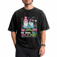 Metastatic Breast Cancer Awareness Ghost Washed Cotton T-Shirt Halloween Green Teal Pink Ribbon
