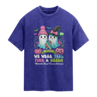Metastatic Breast Cancer Awareness Ghost Washed Cotton T-Shirt Halloween Green Teal Pink Ribbon