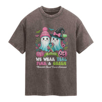Metastatic Breast Cancer Awareness Ghost Washed Cotton T-Shirt Halloween Green Teal Pink Ribbon