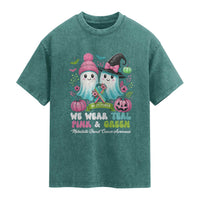 Metastatic Breast Cancer Awareness Ghost Washed Cotton T-Shirt Halloween Green Teal Pink Ribbon