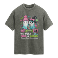 Metastatic Breast Cancer Awareness Ghost Washed Cotton T-Shirt Halloween Green Teal Pink Ribbon