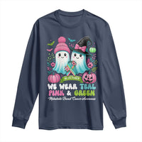 Metastatic Breast Cancer Awareness Ghost Long Sleeve Shirt Halloween Green Teal Pink Ribbon - Wonder Print Shop