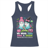 Metastatic Breast Cancer Awareness Ghost Racerback Tank Top Halloween Green Teal Pink Ribbon - Wonder Print Shop