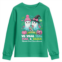 Metastatic Breast Cancer Awareness Ghost Youth Sweatshirt Halloween Green Teal Pink Ribbon - Wonder Print Shop