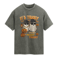 Funny Ghost Washed Cotton T-Shirt It's Tricky Tricky Tricky 90s Nostalgia Halloween Costume