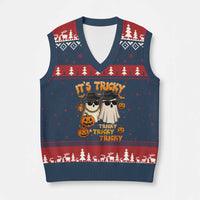 Funny Ghost V-Neck Knit Sweater Vest It's Tricky Tricky Tricky 90s Nostalgia Halloween Costume - Wonder Print Shop