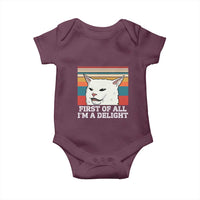 Cat Meme Baby Onesie First Of All I'm A Delight Sarcastic Angry Cat