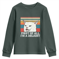 Cat Meme Youth Sweatshirt First Of All I'm A Delight Sarcastic Angry Cat