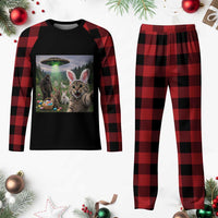 Funny Easter Day Plaid Pajama Set Cat Selfie With Bunny Bigfoot UFO Bunny Egg