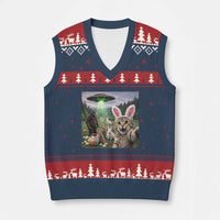 Funny Easter Day V-Neck Knit Sweater Vest Cat Selfie With Bunny Bigfoot UFO Bunny Egg