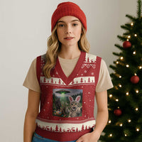 Funny Easter Day V-Neck Knit Sweater Vest Cat Selfie With Bunny Bigfoot UFO Bunny Egg
