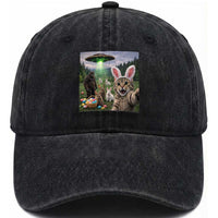 Funny Easter Day Washed Cotton Baseball Cap Cat Selfie With Bunny Bigfoot UFO Bunny Egg
