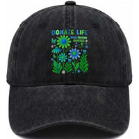 Organ Donation Awareness Washed Cotton Baseball Cap Green Ribbon Donate Life Floral