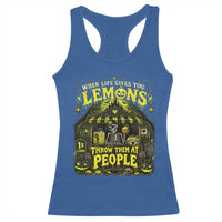 When Life Gives You Lemons Throw Them At People Racerback Tank Top Funny Skeleton Halloween Gothic Lemonade Graphic