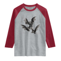 Three Bats Y2k Raglan Shirt Vintage 90s Style Bat Gothic Occult Halloween Bat Graphic