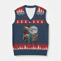 3 Raccoons Howling At Moon Xmas V-Neck Knit Sweater Vest Funny Weird Cursed Meme - Wonder Print Shop