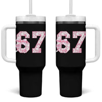 Six Seven Coquette Girl Tumbler With Handle Funny 67 Meme Gen Alpha Slang Pink Floral Bow Aesthetic - Wonder Print Shop