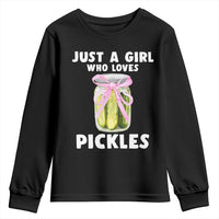 Just a Girl Who Loves Pickles Youth Sweatshirt Pickle Jars with Coquette Bow - Wonder Print Shop