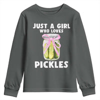 Just a Girl Who Loves Pickles Youth Sweatshirt Pickle Jars with Coquette Bow - Wonder Print Shop