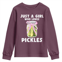Just a Girl Who Loves Pickles Youth Sweatshirt Pickle Jars with Coquette Bow - Wonder Print Shop