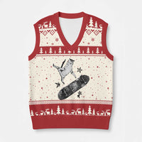 Skateboard Cat Y2K V-Neck Knit Sweater Vest Rockstar Gf Aesthetic Cat Retro Grunge Skater - Wonder Print Shop