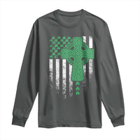 St Patricks Day American Flag Long Sleeve Shirt Celtic Cross Shamrocks
