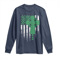 St Patricks Day American Flag Long Sleeve Shirt Celtic Cross Shamrocks