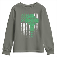 St Patricks Day American Flag Youth Sweatshirt Celtic Cross Shamrocks