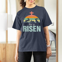 Retro He is Risen T Shirt For Women Bunny Easter Cross Christian Religious Jesus Has Risen - Wonder Print Shop