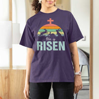 Retro He is Risen T Shirt For Women Bunny Easter Cross Christian Religious Jesus Has Risen - Wonder Print Shop