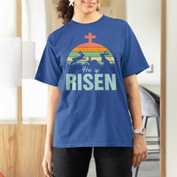 Retro He is Risen T Shirt For Women Bunny Easter Cross Christian Religious Jesus Has Risen - Wonder Print Shop