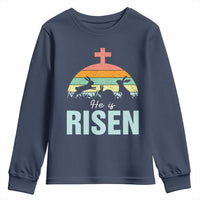 Retro He is Risen Youth Sweatshirt Bunny Easter Cross Christian Religious Jesus Has Risen - Wonder Print Shop