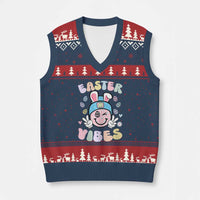 Groovy Easter Vibes V-Neck Knit Sweater Vest Retro Bunny Smile Eggs - Wonder Print Shop