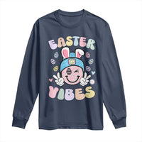 Groovy Easter Vibes Long Sleeve Shirt Retro Bunny Smile Eggs - Wonder Print Shop
