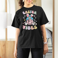 Groovy Easter Vibes T Shirt For Women Retro Bunny Smile Eggs - Wonder Print Shop