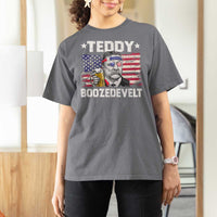 Funny Theodore Roosevelt 4th Of July T Shirt For Women Teddy Boozedevelt Drinking American Flag - Wonder Print Shop