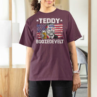 Funny Theodore Roosevelt 4th Of July T Shirt For Women Teddy Boozedevelt Drinking American Flag - Wonder Print Shop