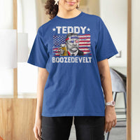 Funny Theodore Roosevelt 4th Of July T Shirt For Women Teddy Boozedevelt Drinking American Flag - Wonder Print Shop