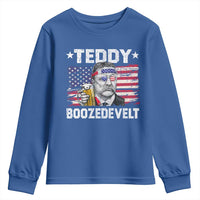 Funny Theodore Roosevelt 4th Of July Youth Sweatshirt Teddy Boozedevelt Drinking American Flag - Wonder Print Shop