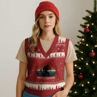 Retro Bigfoot Fishing V-Neck Knit Sweater Vest Funny Retro Sasquatch Bassquatch Fisherman - Wonder Print Shop