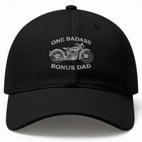One Badass Bonus Dad Baseball Cap Funny Stepdad Motorcycle Graphic Mens Biker