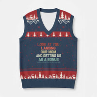 Bonus Dad V-Neck Knit Sweater Vest Funny Step Dad Look At You Landing Our Mom Getting Us As A Bonus