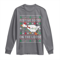 Funny Goose Ugly Christmas Long Sleeve Shirt Festive Goose On The Loose - Wonder Print Shop