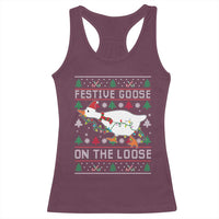 Funny Goose Ugly Christmas Racerback Tank Top Festive Goose On The Loose - Wonder Print Shop