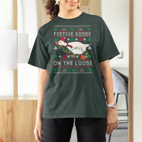 Funny Goose Ugly Christmas T Shirt For Women Festive Goose On The Loose - Wonder Print Shop