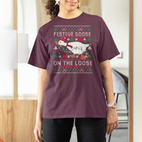 Funny Goose Ugly Christmas T Shirt For Women Festive Goose On The Loose - Wonder Print Shop