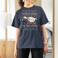 Funny Goose Ugly Christmas T Shirt For Women Festive Goose On The Loose - Wonder Print Shop