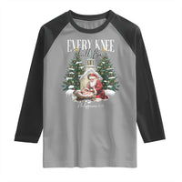 Every Knee Shall Bow Raglan Shirt Nativity Scene Santa and Baby Jesus Christmas - Wonder Print Shop
