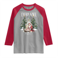 Every Knee Shall Bow Raglan Shirt Nativity Scene Santa and Baby Jesus Christmas - Wonder Print Shop